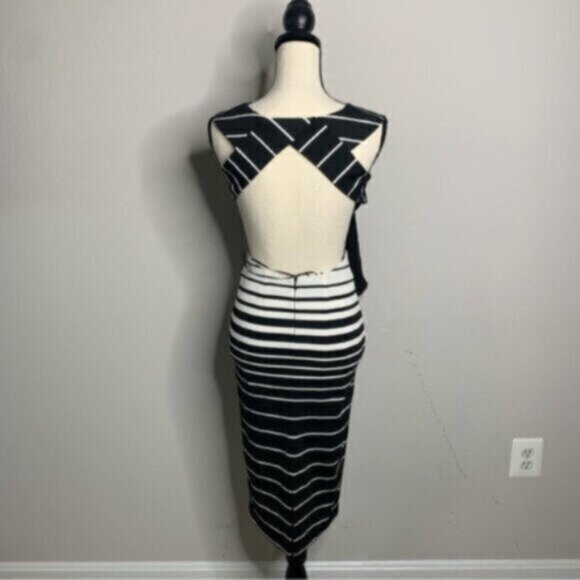 Nicholas Women’s Black & White Striped Midi Plunging V-Neck and Open Back Dress - Picture 11 of 15